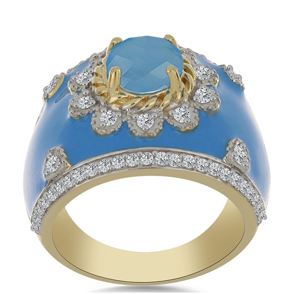 Pozlacený Stříbrný Prsten s Aqua Chalcedonem a Bílým Topazem 3 